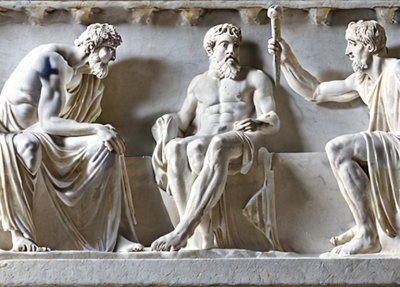 Greek philosophers in marble [A​I-generated by Stable Diffusion]